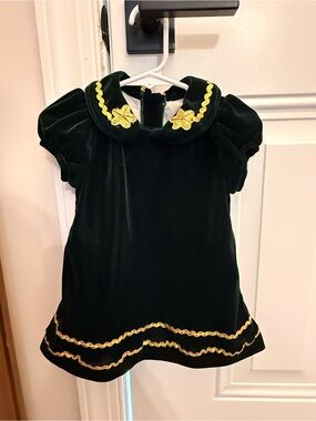 Smockingbird Girls' Green Velvet Dress with Gold Trim - 18m